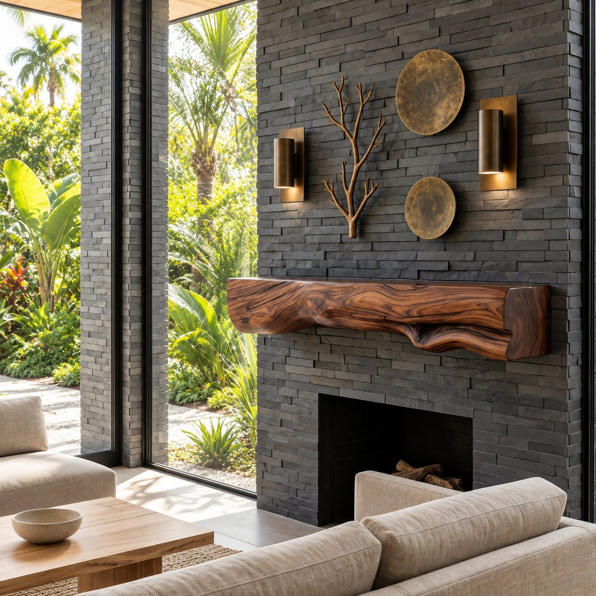 Rough Hewn Log Mantel Shelf, Floating Solid Wood Fireplace Beam with Natural Sculpted Underside