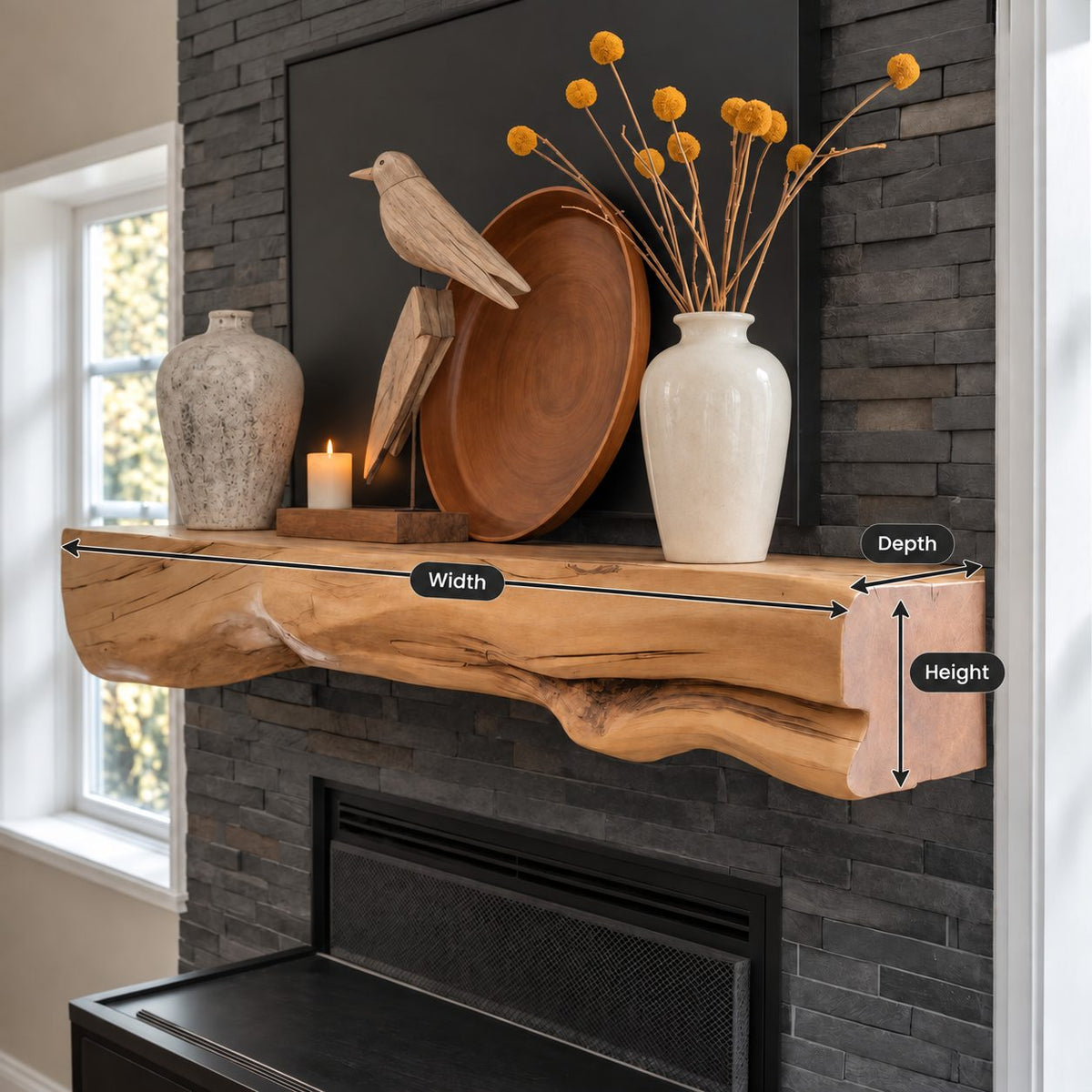 Rough Hewn Log Mantel Shelf, Floating Solid Wood Fireplace Beam with Natural Sculpted Underside