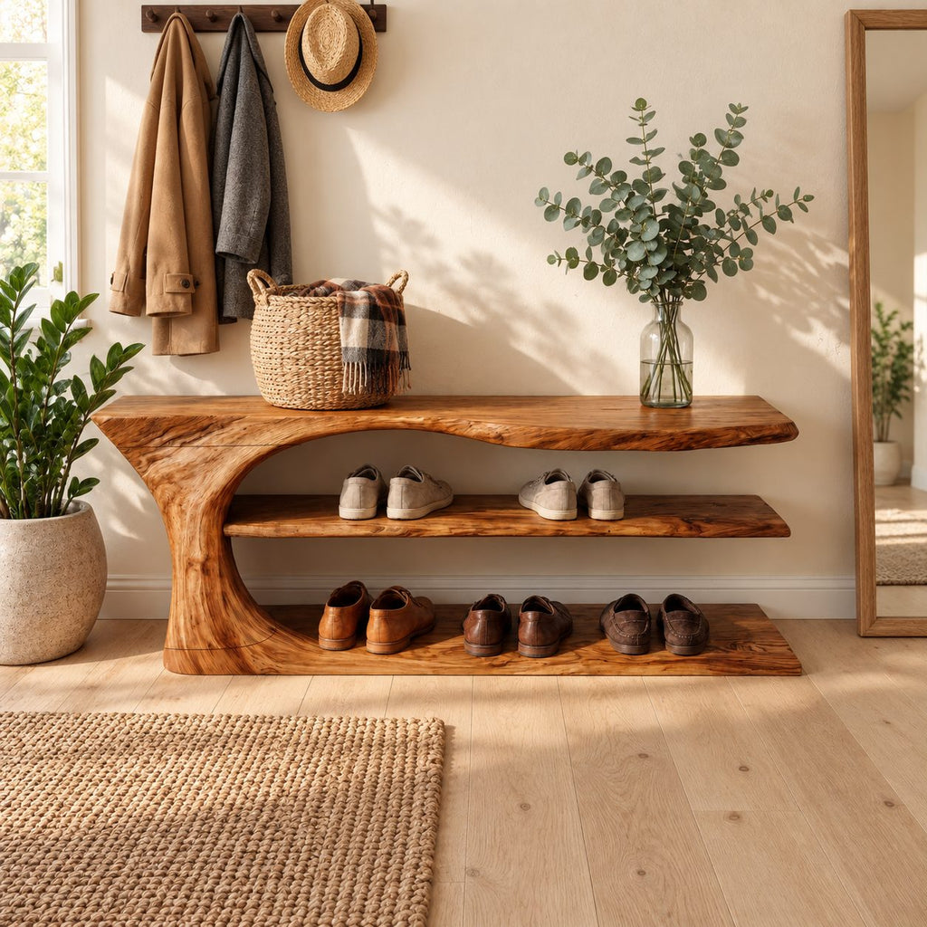 Swoop End Shoe Bench with Two Open Shoe Shelves, Sculpted Solid Wood Live Edge Entryway Bench