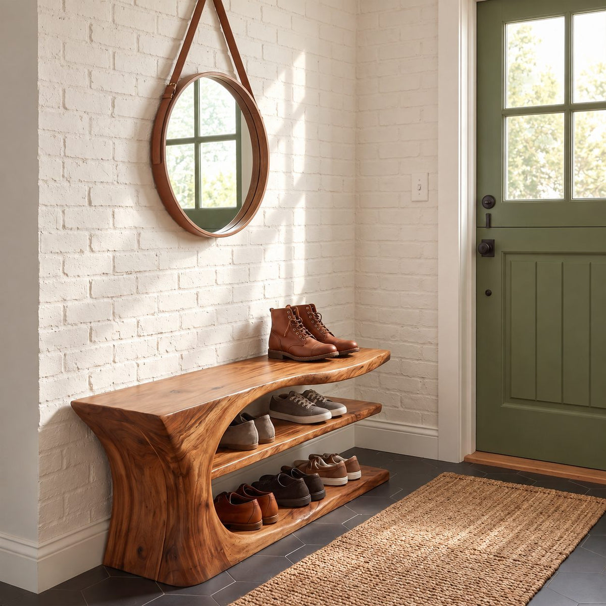 Swoop End Shoe Bench with Two Open Shoe Shelves, Sculpted Solid Wood Live Edge Entryway Bench