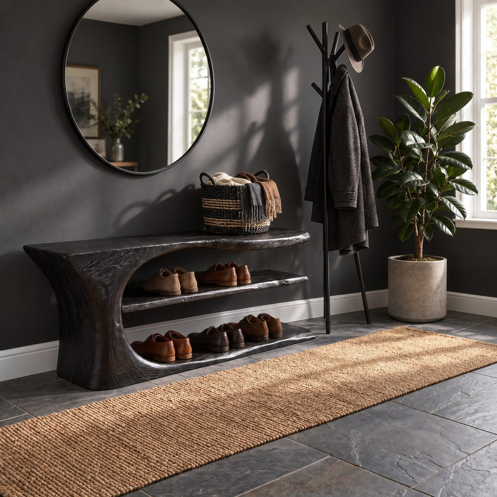 Swoop End Shoe Bench with Two Open Shoe Shelves, Sculpted Solid Wood Live Edge Entryway Bench