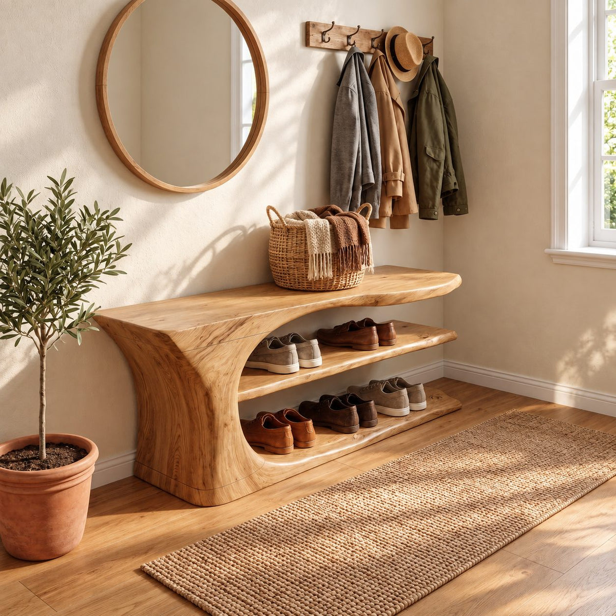 Swoop End Shoe Bench with Two Open Shoe Shelves, Sculpted Solid Wood Live Edge Entryway Bench