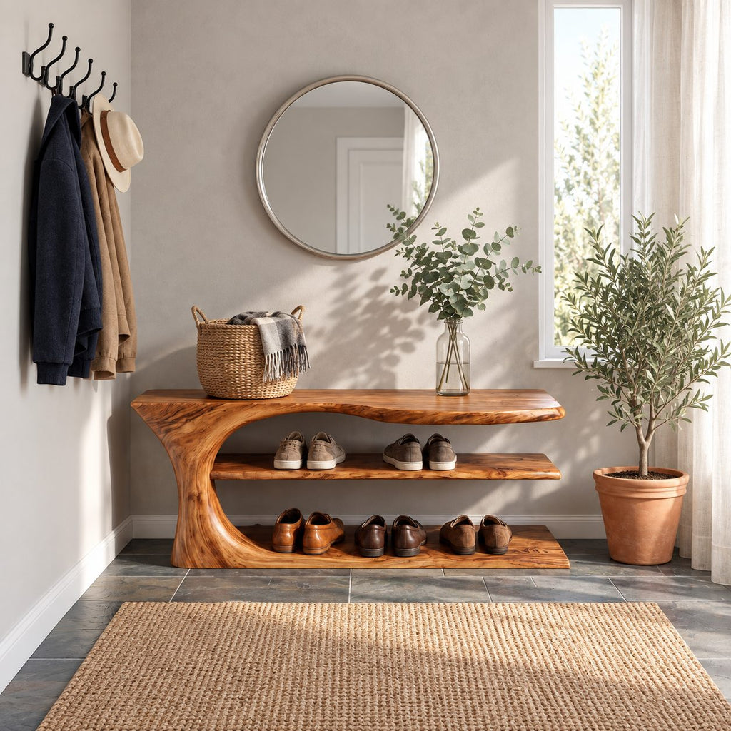 Swoop End Shoe Bench with Two Open Shoe Shelves, Sculpted Solid Wood Live Edge Entryway Bench