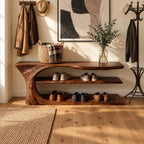 Swoop End Shoe Bench with Two Open Shoe Shelves, Sculpted Solid Wood Live Edge Entryway Bench
