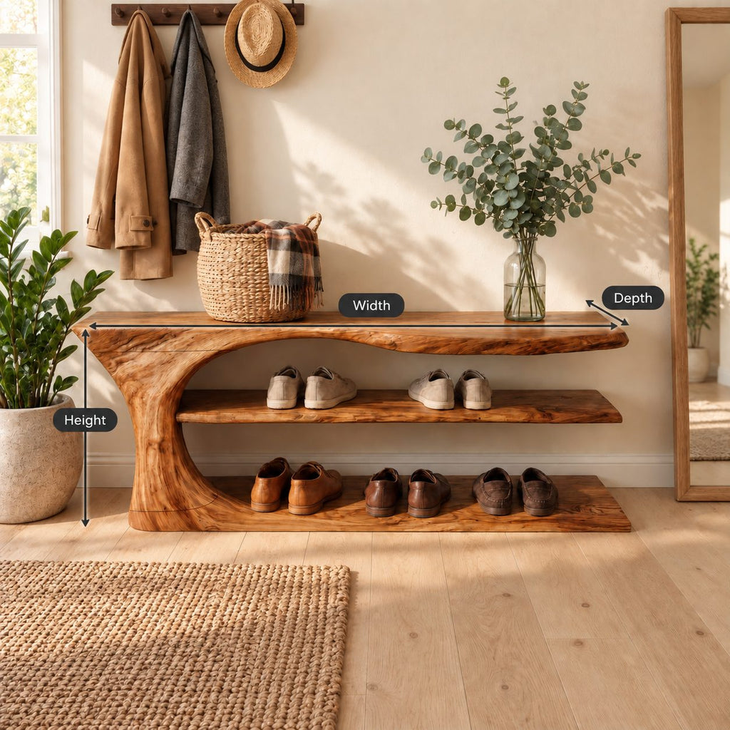Swoop End Shoe Bench with Two Open Shoe Shelves, Sculpted Solid Wood Live Edge Entryway Bench