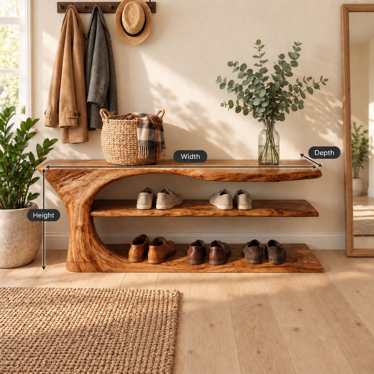 Swoop End Shoe Bench with Two Open Shoe Shelves, Sculpted Solid Wood Live Edge Entryway Bench