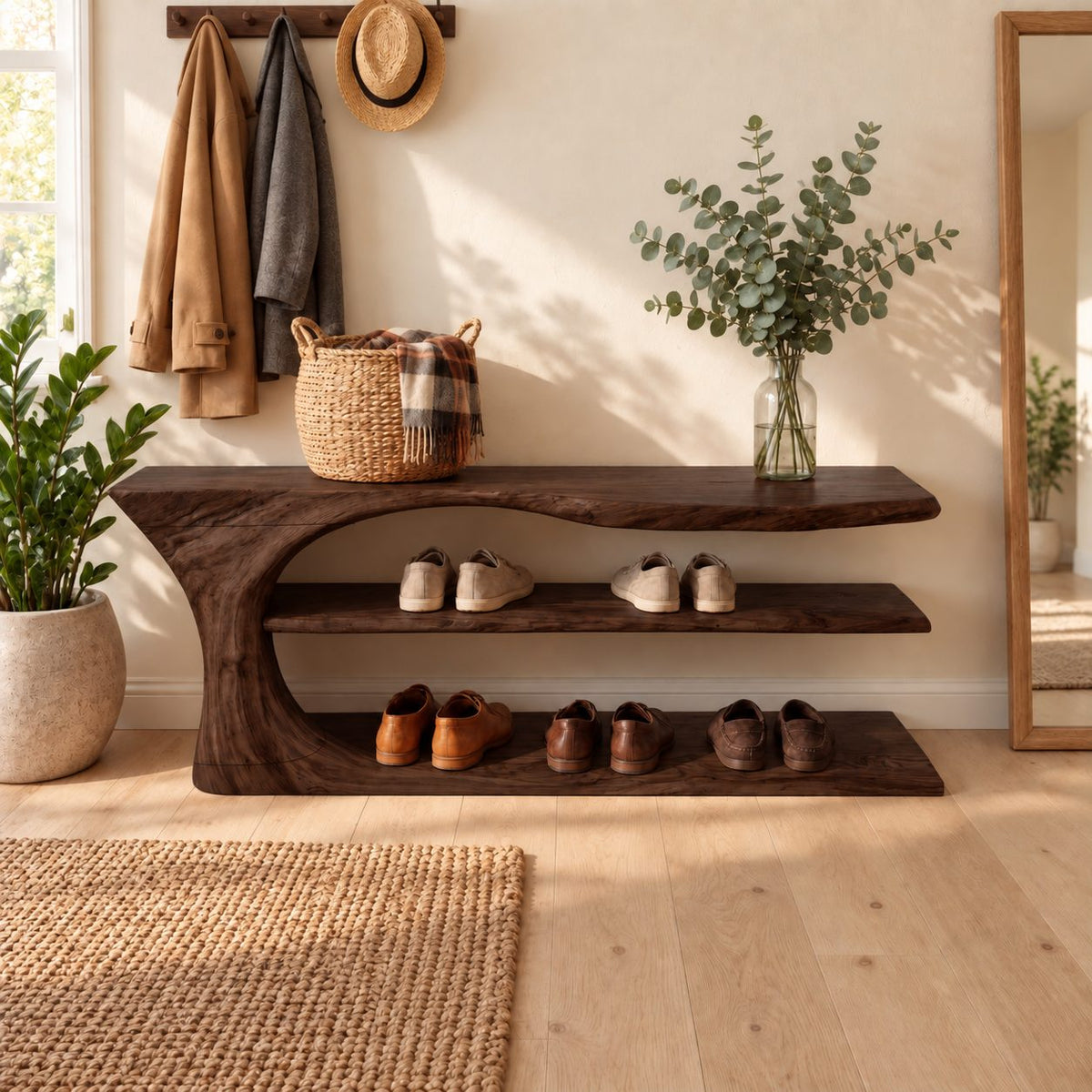 Swoop End Shoe Bench with Two Open Shoe Shelves, Sculpted Solid Wood Live Edge Entryway Bench