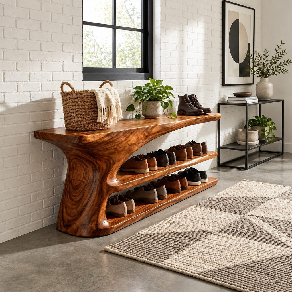 Tree Trunk Pedestal Shoe Bench, Two Tier Sculpted Solid Wood Entryway Shoe Rack with Flared Top
