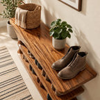 Tree Trunk Pedestal Shoe Bench, Two Tier Sculpted Solid Wood Entryway Shoe Rack with Flared Top
