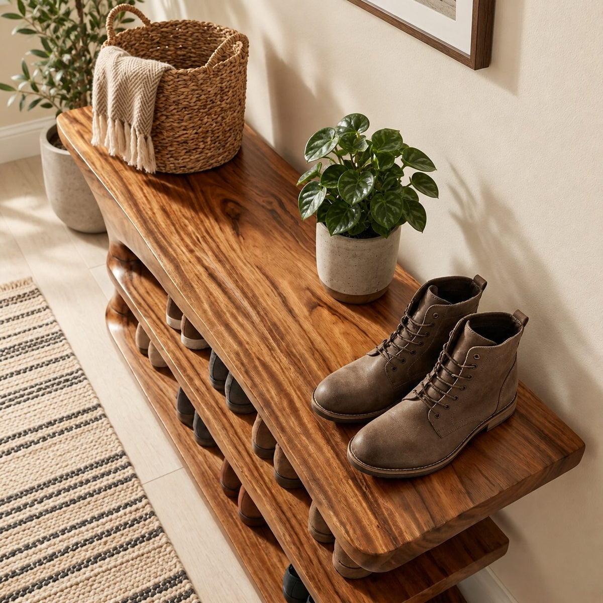 Tree Trunk Pedestal Shoe Bench, Two Tier Sculpted Solid Wood Entryway Shoe Rack with Flared Top