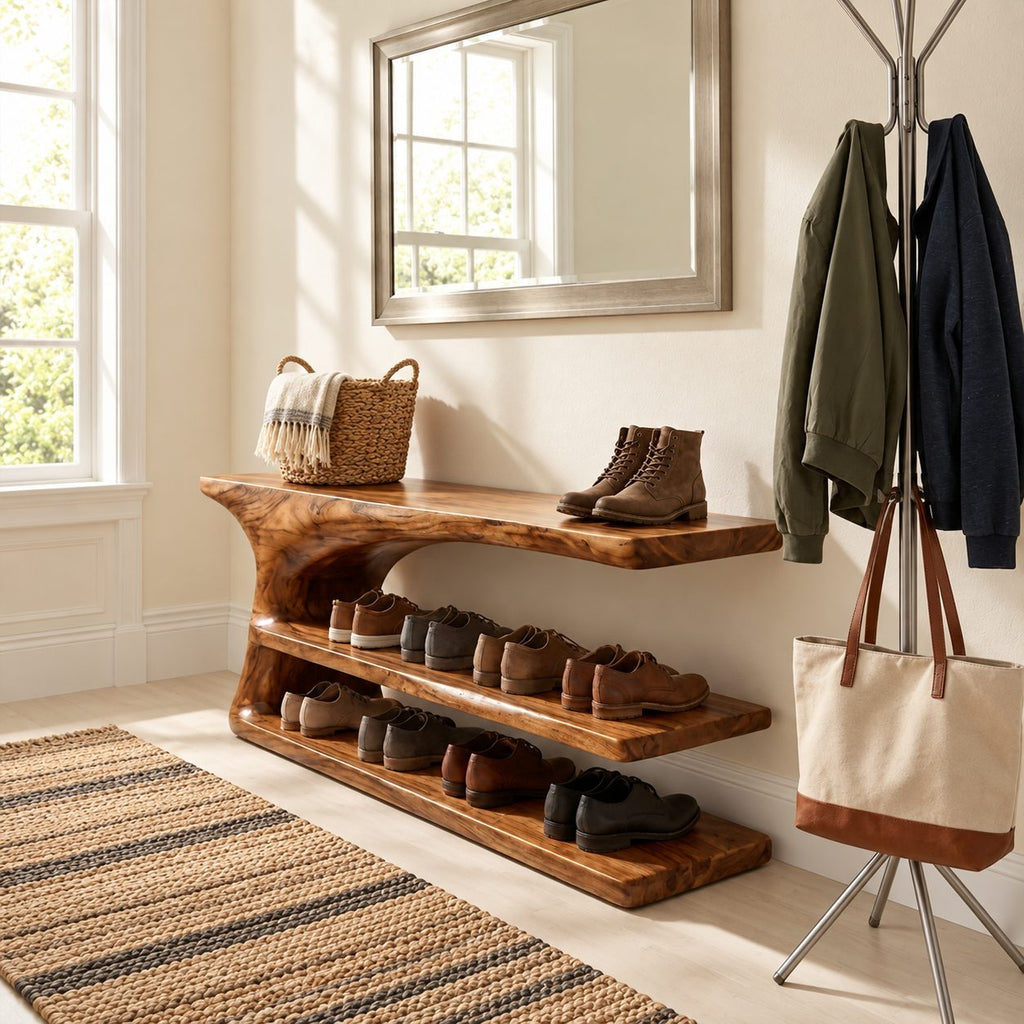 Tree Trunk Pedestal Shoe Bench, Two Tier Sculpted Solid Wood Entryway Shoe Rack with Flared Top