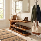Tree Trunk Pedestal Shoe Bench, Two Tier Sculpted Solid Wood Entryway Shoe Rack with Flared Top