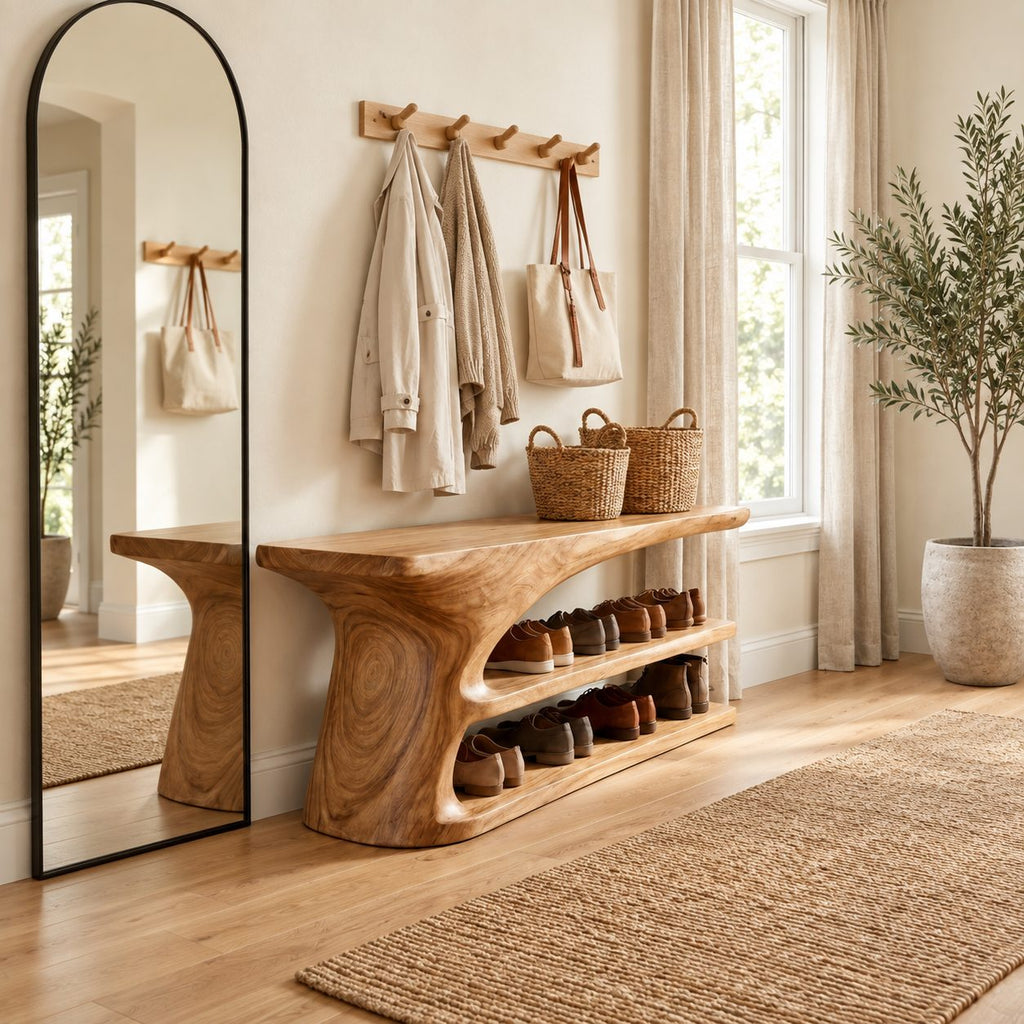 Tree Trunk Pedestal Shoe Bench, Two Tier Sculpted Solid Wood Entryway Shoe Rack with Flared Top