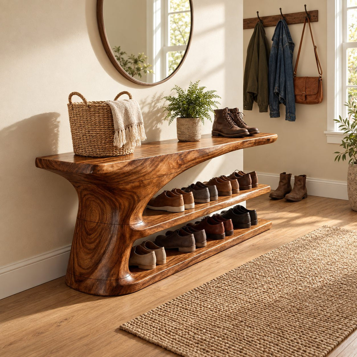 Tree Trunk Pedestal Shoe Bench, Two Tier Sculpted Solid Wood Entryway Shoe Rack with Flared Top