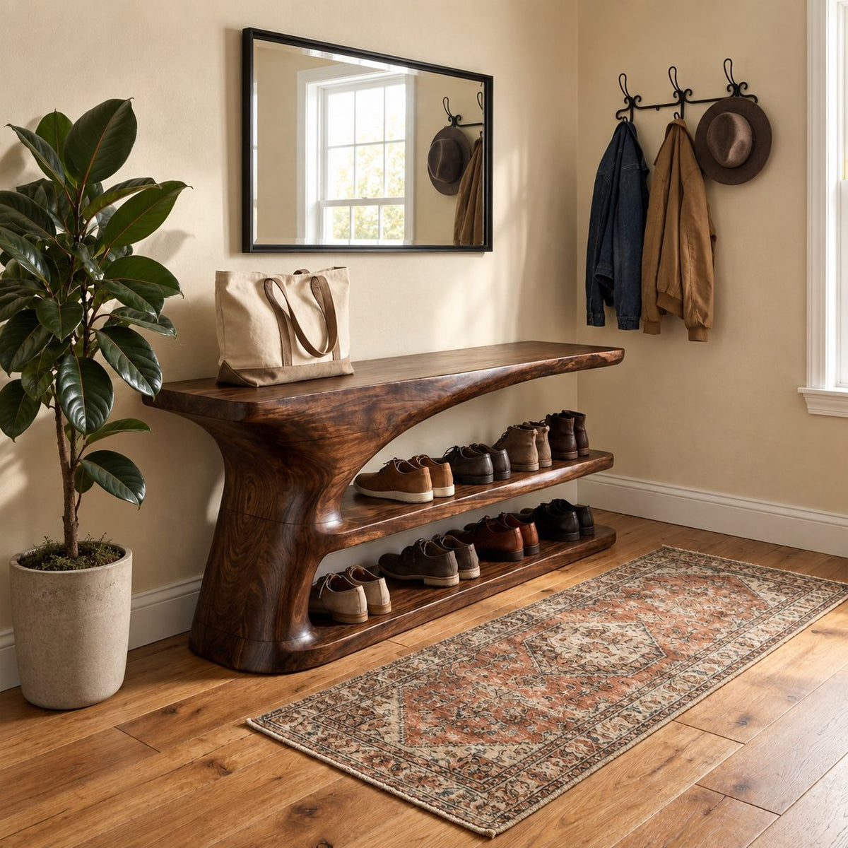 Tree Trunk Pedestal Shoe Bench, Two Tier Sculpted Solid Wood Entryway Shoe Rack with Flared Top