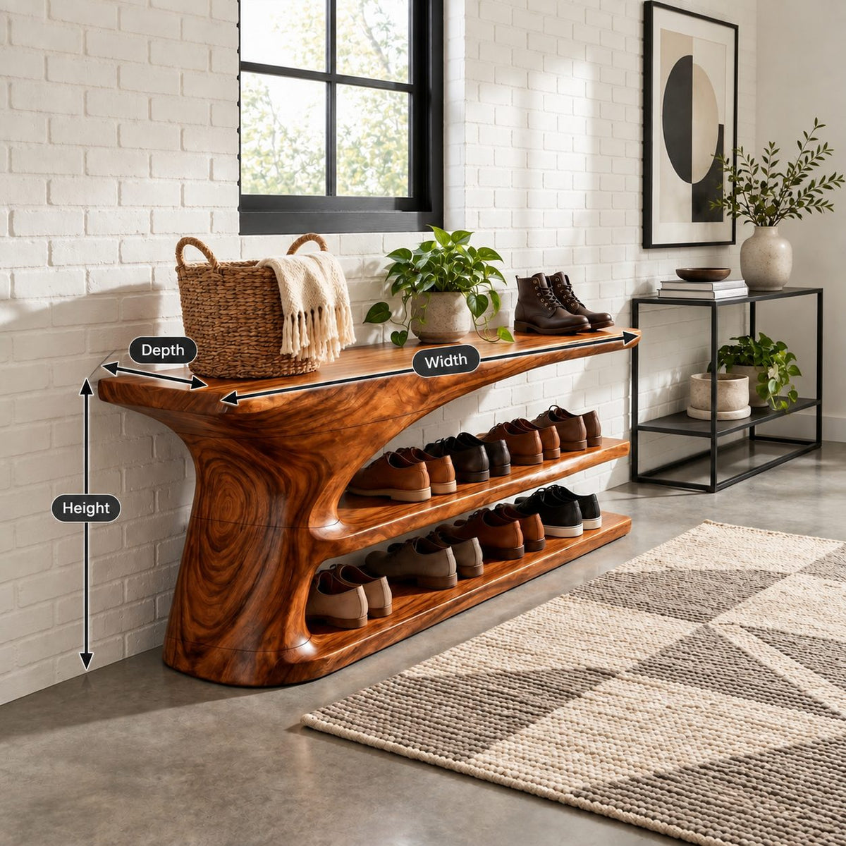Tree Trunk Pedestal Shoe Bench, Two Tier Sculpted Solid Wood Entryway Shoe Rack with Flared Top
