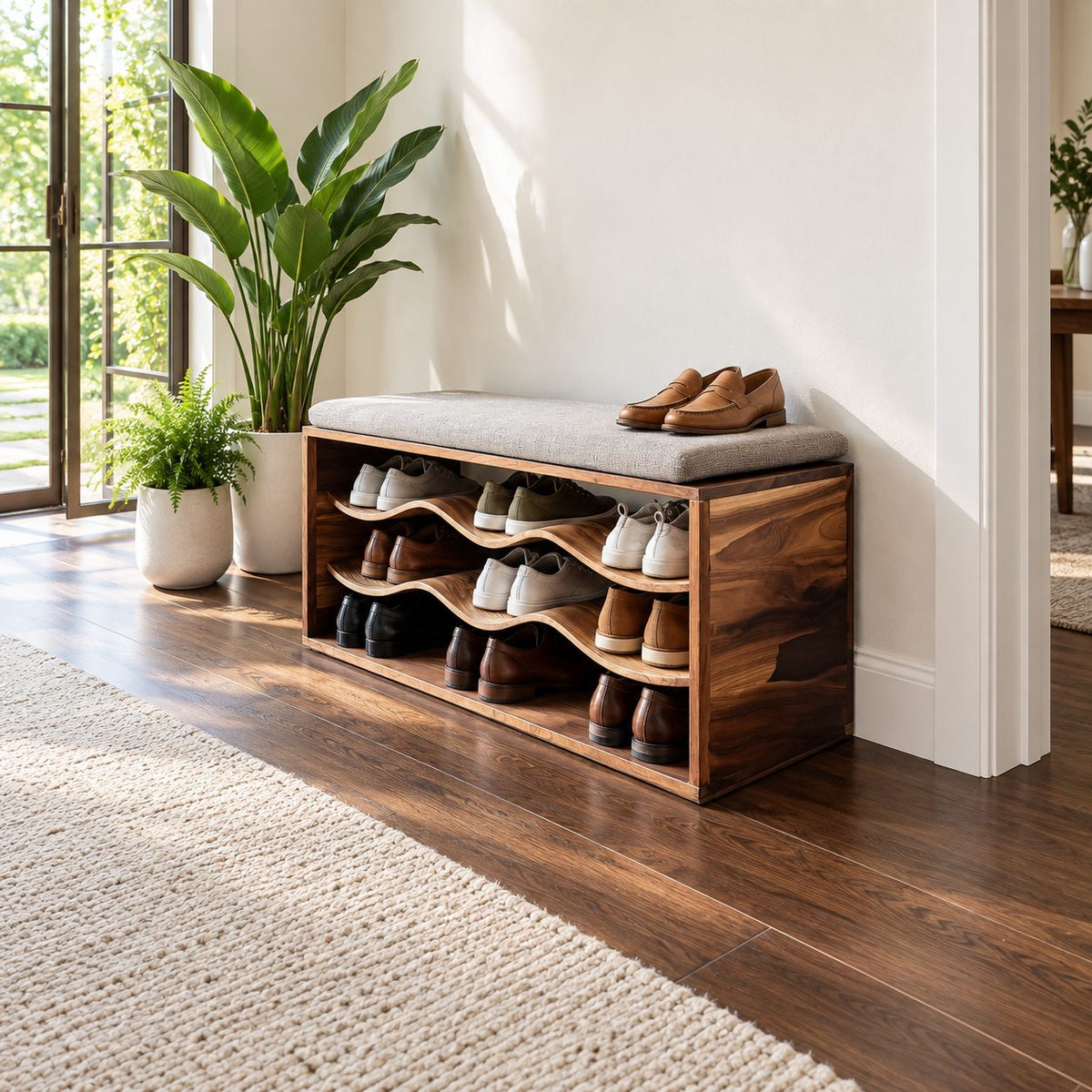 Wave Shelf Shoe Bench, Solid Wood Box Frame Entryway Bench with Three Curved Wavy Shoe Shelves