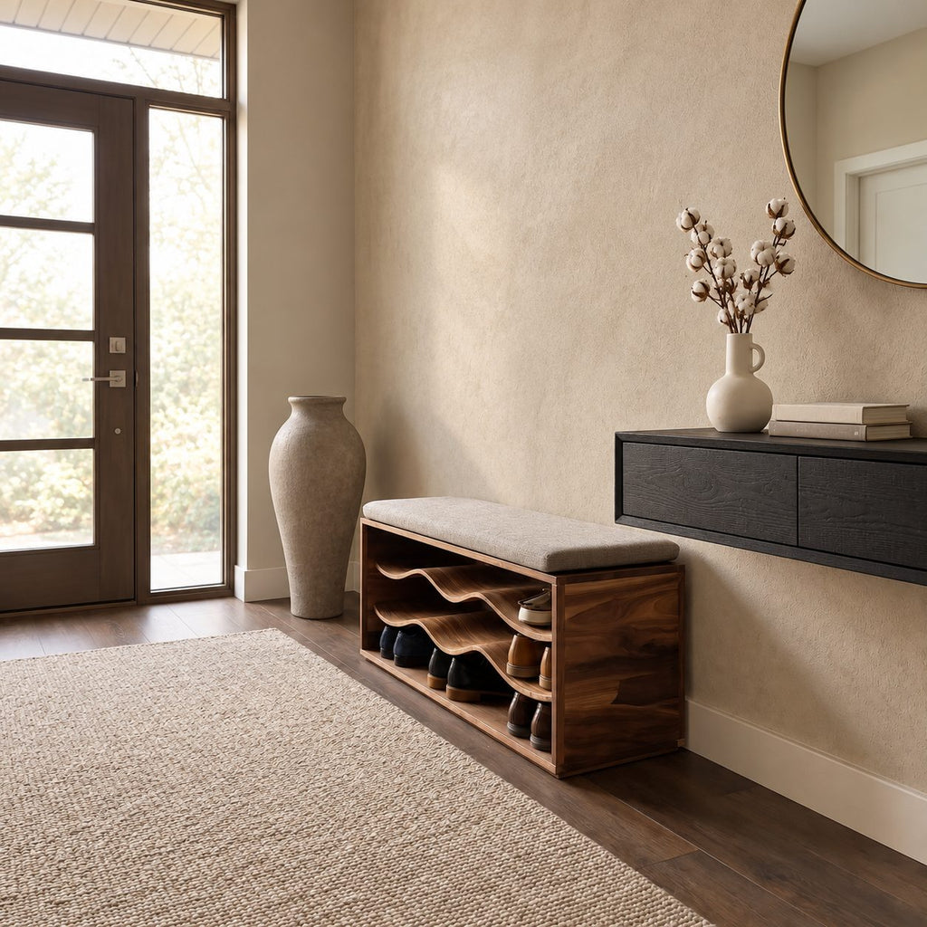 Wave Shelf Shoe Bench, Solid Wood Box Frame Entryway Bench with Three Curved Wavy Shoe Shelves