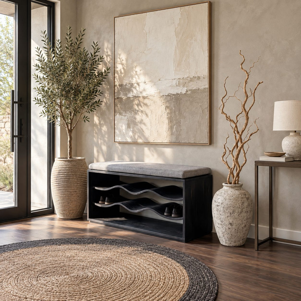 Wave Shelf Shoe Bench, Solid Wood Box Frame Entryway Bench with Three Curved Wavy Shoe Shelves