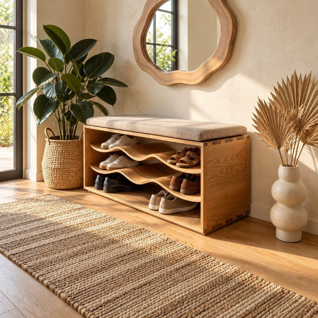 Wave Shelf Shoe Bench, Solid Wood Box Frame Entryway Bench with Three Curved Wavy Shoe Shelves