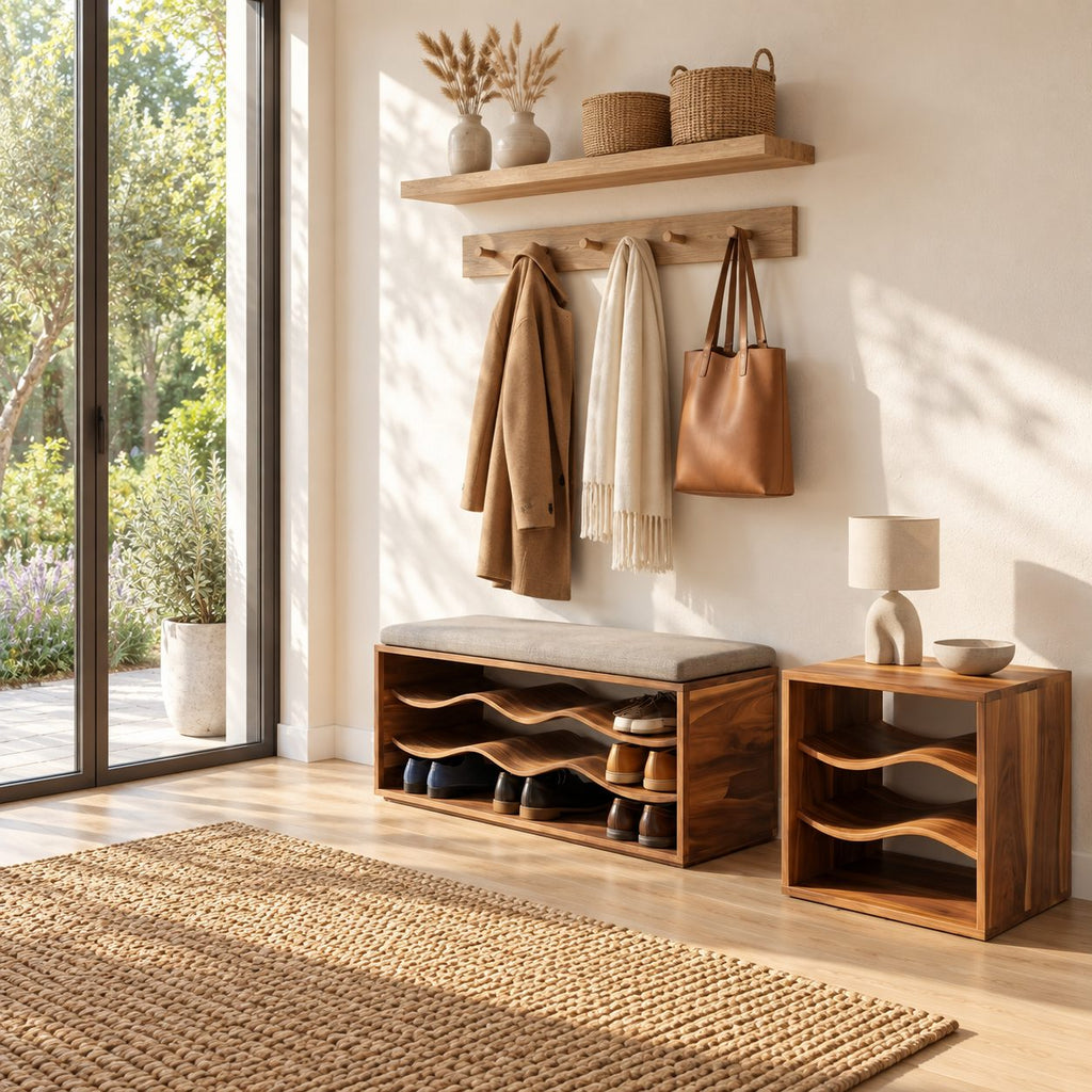 Wave Shelf Shoe Bench, Solid Wood Box Frame Entryway Bench with Three Curved Wavy Shoe Shelves