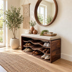 Wave Shelf Shoe Bench, Solid Wood Box Frame Entryway Bench with Three Curved Wavy Shoe Shelves
