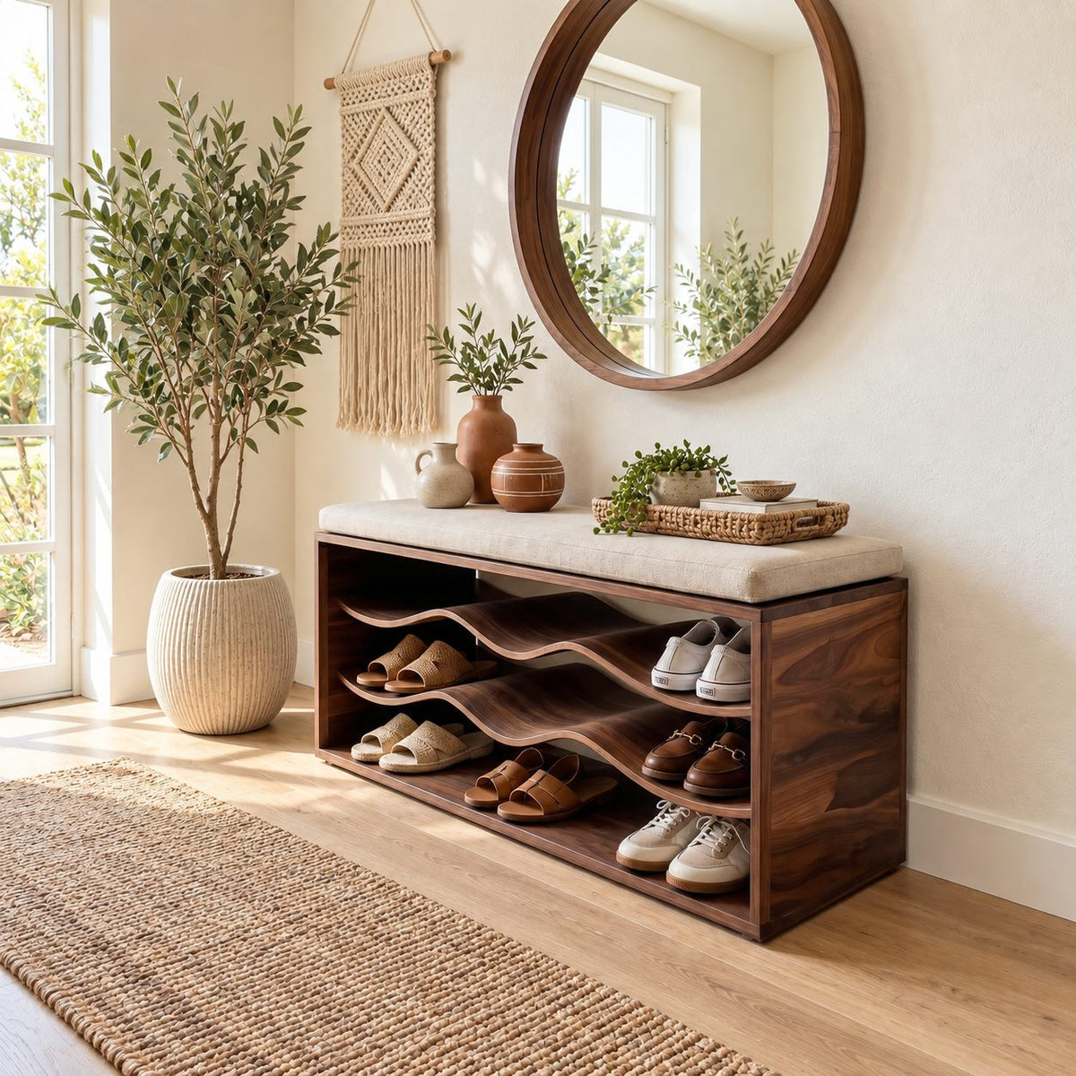 Wave Shelf Shoe Bench, Solid Wood Box Frame Entryway Bench with Three Curved Wavy Shoe Shelves