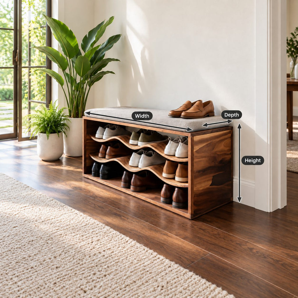 Wave Shelf Shoe Bench, Solid Wood Box Frame Entryway Bench with Three Curved Wavy Shoe Shelves