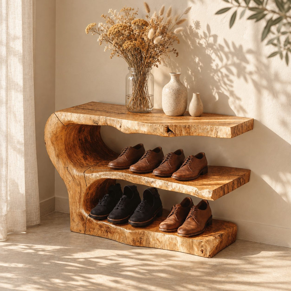 Three Tier Live Edge Shoe Rack Bench, Scooped Log End Solid Wood Entryway Shoe Shelf