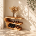 Three Tier Live Edge Shoe Rack Bench, Scooped Log End Solid Wood Entryway Shoe Shelf