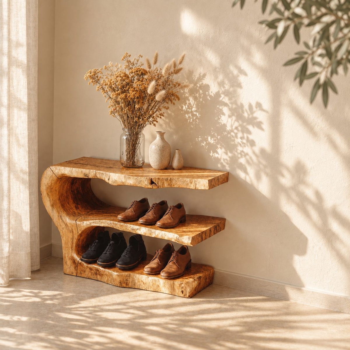 Three Tier Live Edge Shoe Rack Bench, Scooped Log End Solid Wood Entryway Shoe Shelf