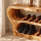 Three Tier Live Edge Shoe Rack Bench, Scooped Log End Solid Wood Entryway Shoe Shelf