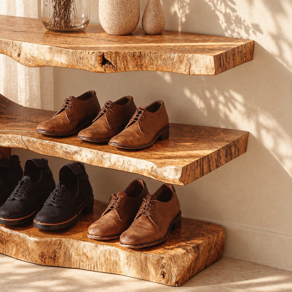Three Tier Live Edge Shoe Rack Bench, Scooped Log End Solid Wood Entryway Shoe Shelf