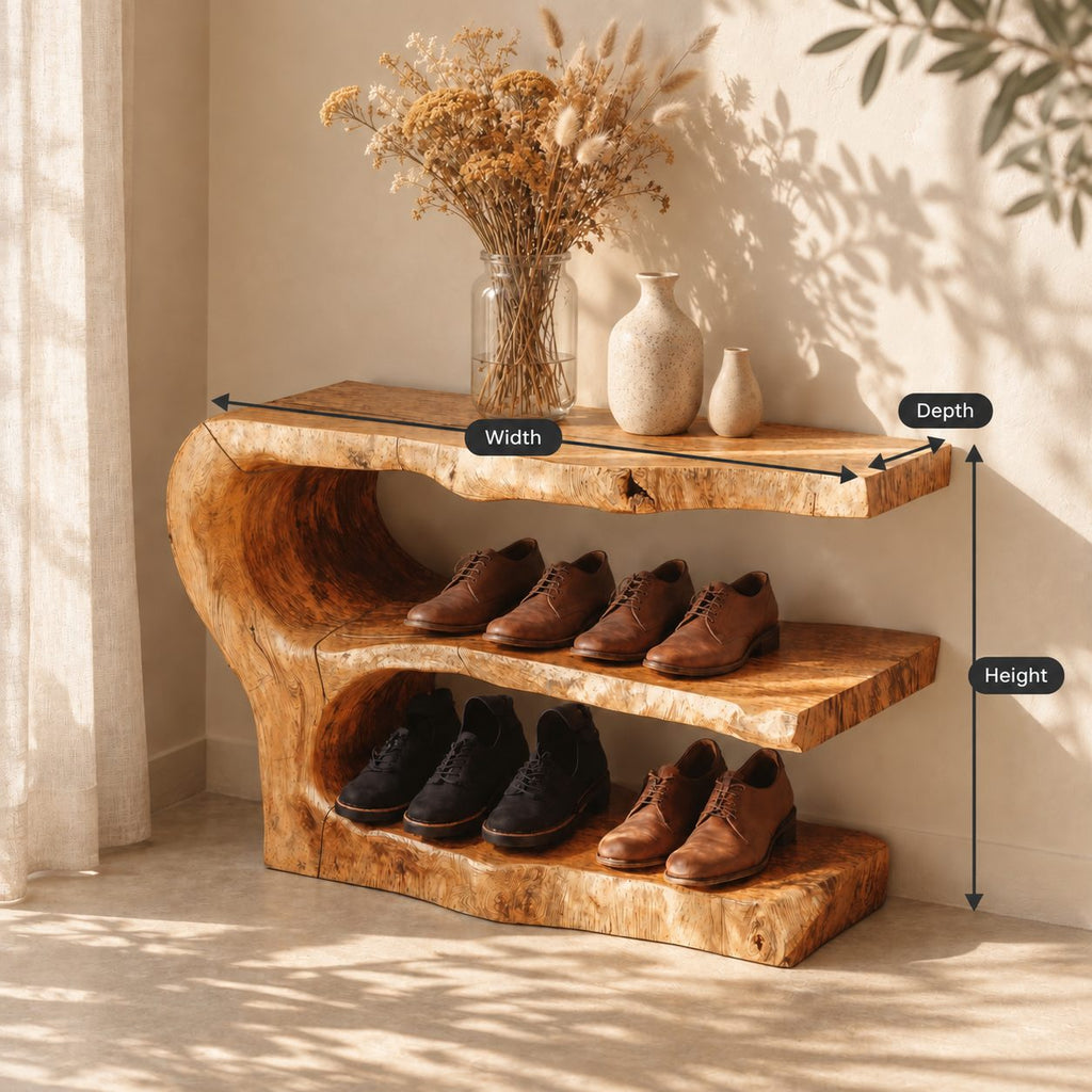 Three Tier Live Edge Shoe Rack Bench, Scooped Log End Solid Wood Entryway Shoe Shelf