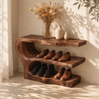 Three Tier Live Edge Shoe Rack Bench, Scooped Log End Solid Wood Entryway Shoe Shelf