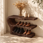 Three Tier Live Edge Shoe Rack Bench, Scooped Log End Solid Wood Entryway Shoe Shelf