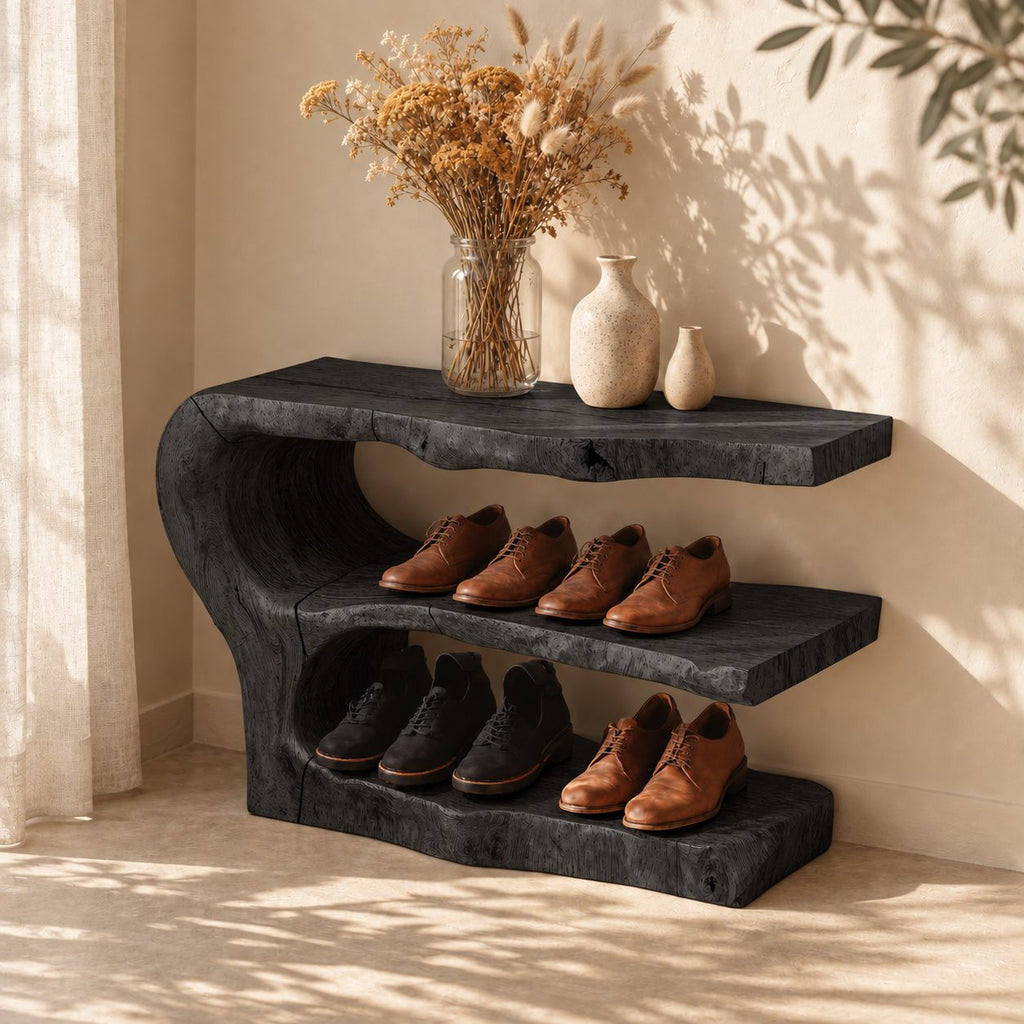 Three Tier Live Edge Shoe Rack Bench, Scooped Log End Solid Wood Entryway Shoe Shelf