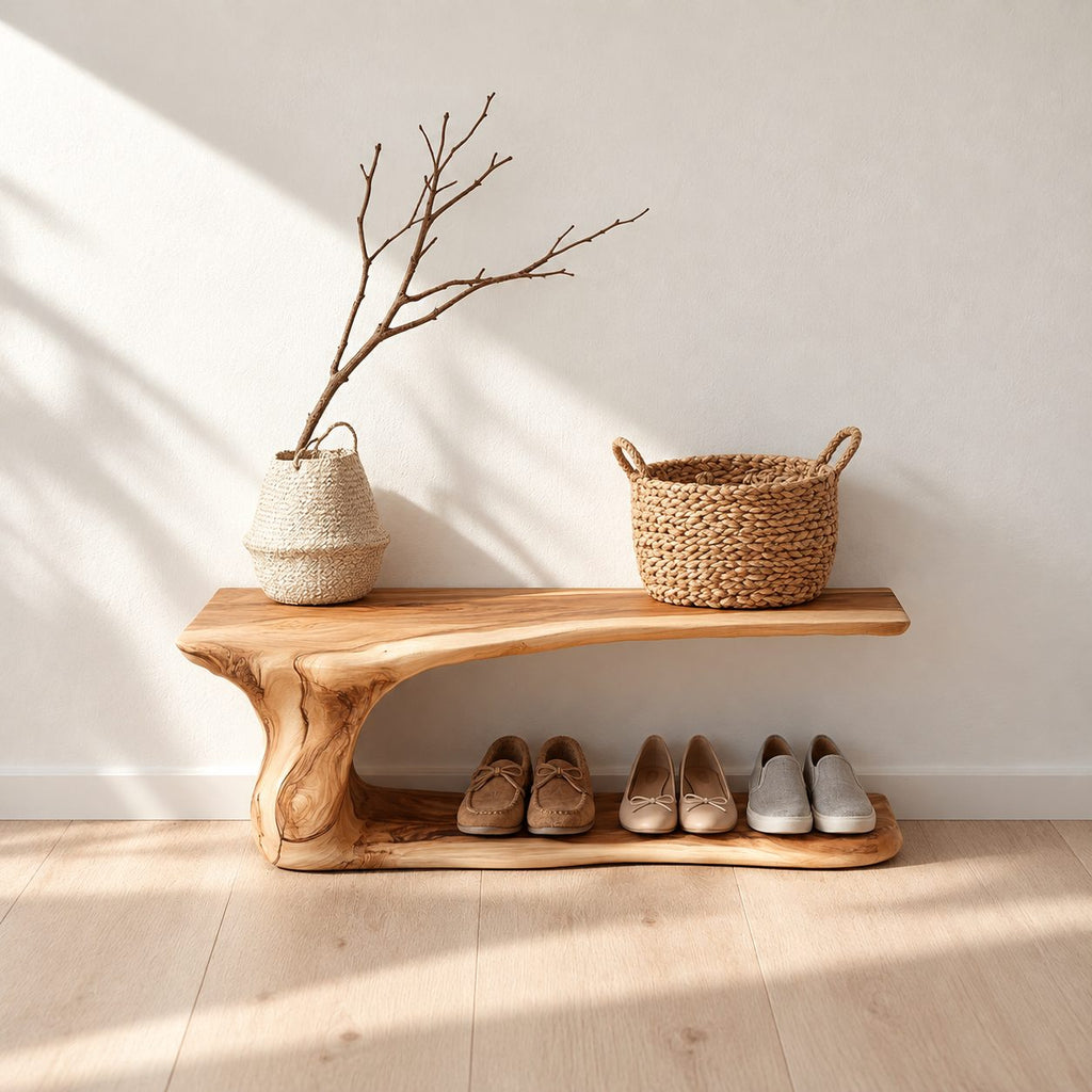 Cantilever Top Shoe Bench with Curving Root Style Leg and Floor Shoe Shelf, Live Edge Entryway Bench