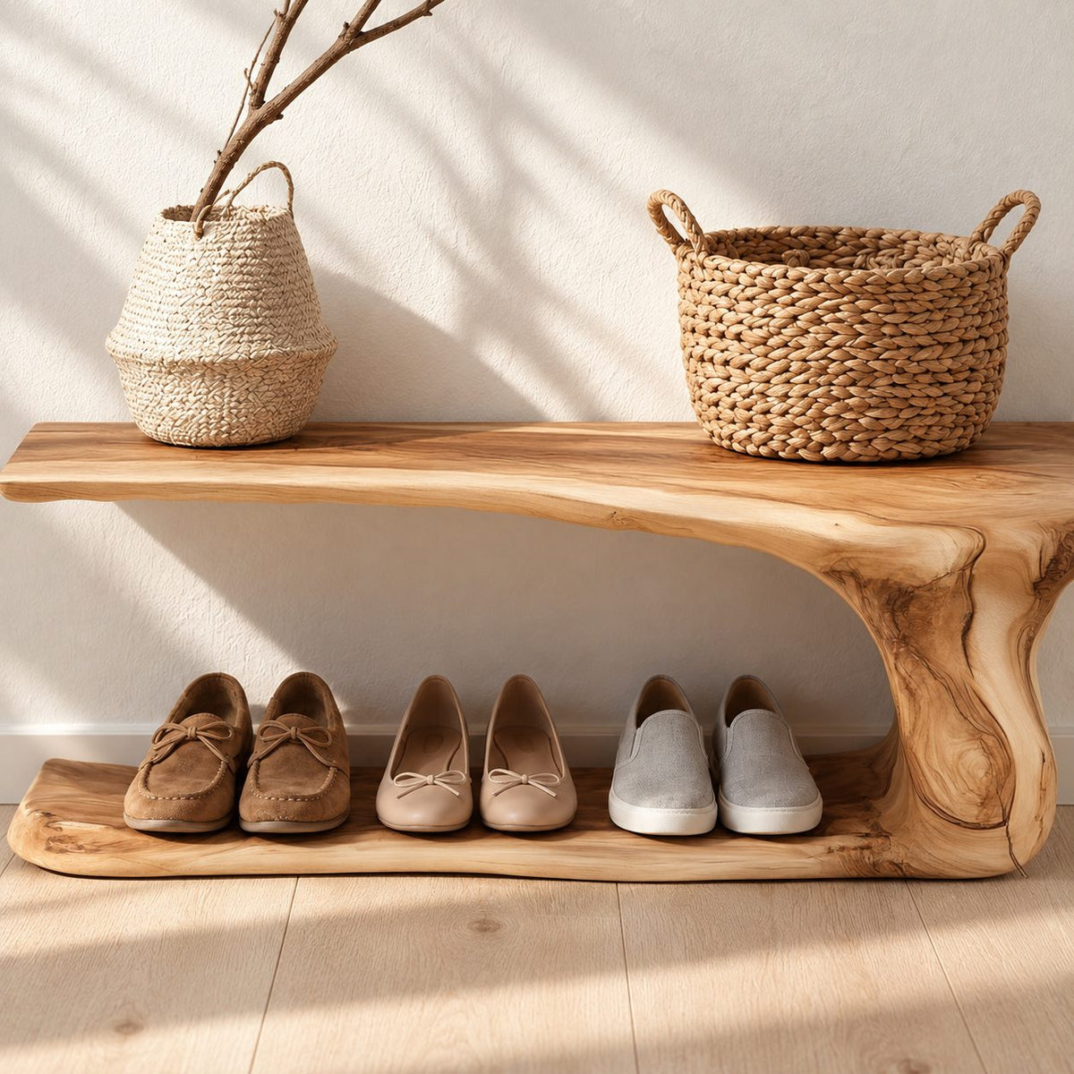 Cantilever Top Shoe Bench with Curving Root Style Leg and Floor Shoe Shelf, Live Edge Entryway Bench