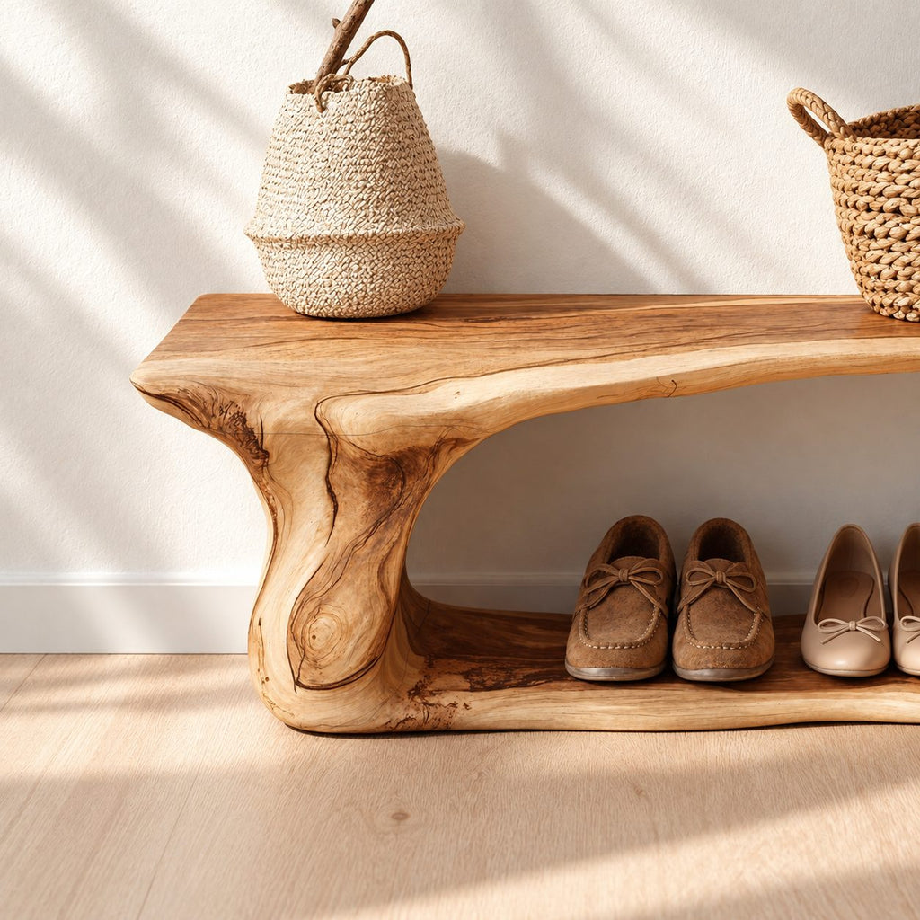 Cantilever Top Shoe Bench with Curving Root Style Leg and Floor Shoe Shelf, Live Edge Entryway Bench