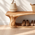 Cantilever Top Shoe Bench with Curving Root Style Leg and Floor Shoe Shelf, Live Edge Entryway Bench