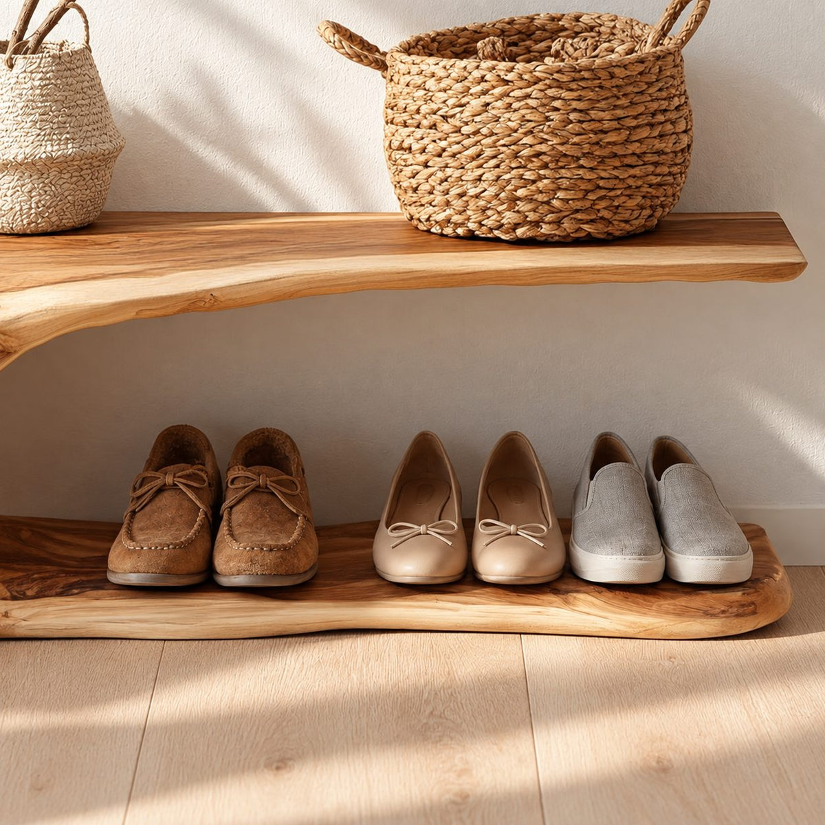 Cantilever Top Shoe Bench with Curving Root Style Leg and Floor Shoe Shelf, Live Edge Entryway Bench