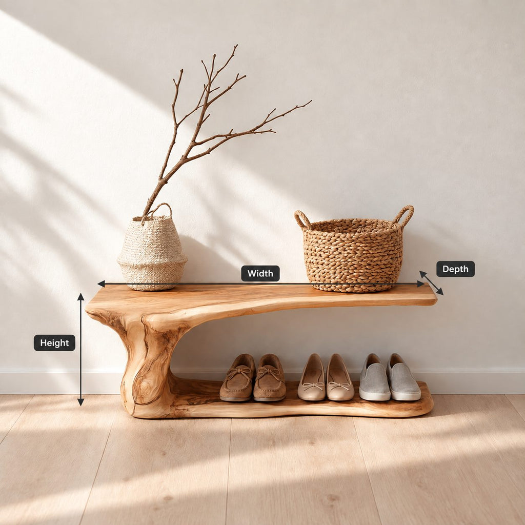Cantilever Top Shoe Bench with Curving Root Style Leg and Floor Shoe Shelf, Live Edge Entryway Bench