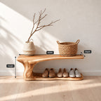 Cantilever Top Shoe Bench with Curving Root Style Leg and Floor Shoe Shelf, Live Edge Entryway Bench