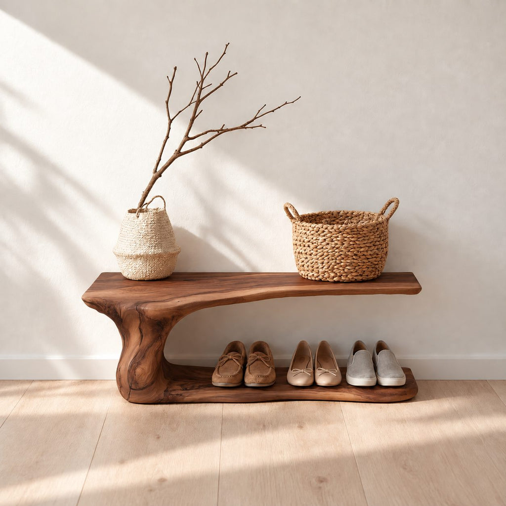 Cantilever Top Shoe Bench with Curving Root Style Leg and Floor Shoe Shelf, Live Edge Entryway Bench