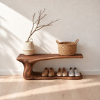 Cantilever Top Shoe Bench with Curving Root Style Leg and Floor Shoe Shelf, Live Edge Entryway Bench