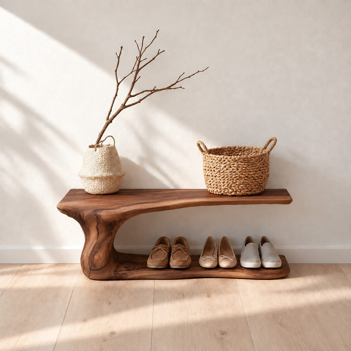 Cantilever Top Shoe Bench with Curving Root Style Leg and Floor Shoe Shelf, Live Edge Entryway Bench
