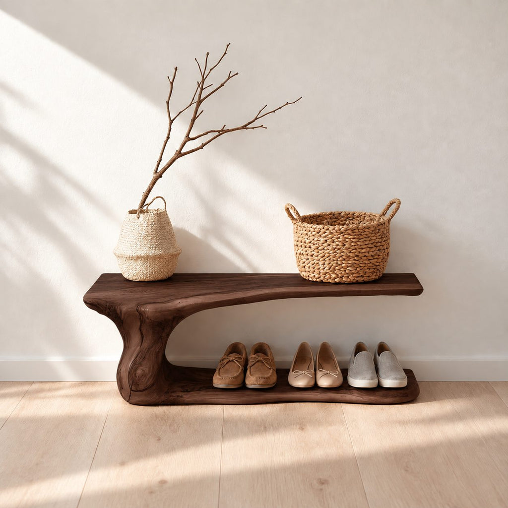 Cantilever Top Shoe Bench with Curving Root Style Leg and Floor Shoe Shelf, Live Edge Entryway Bench