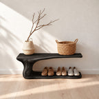 Cantilever Top Shoe Bench with Curving Root Style Leg and Floor Shoe Shelf, Live Edge Entryway Bench