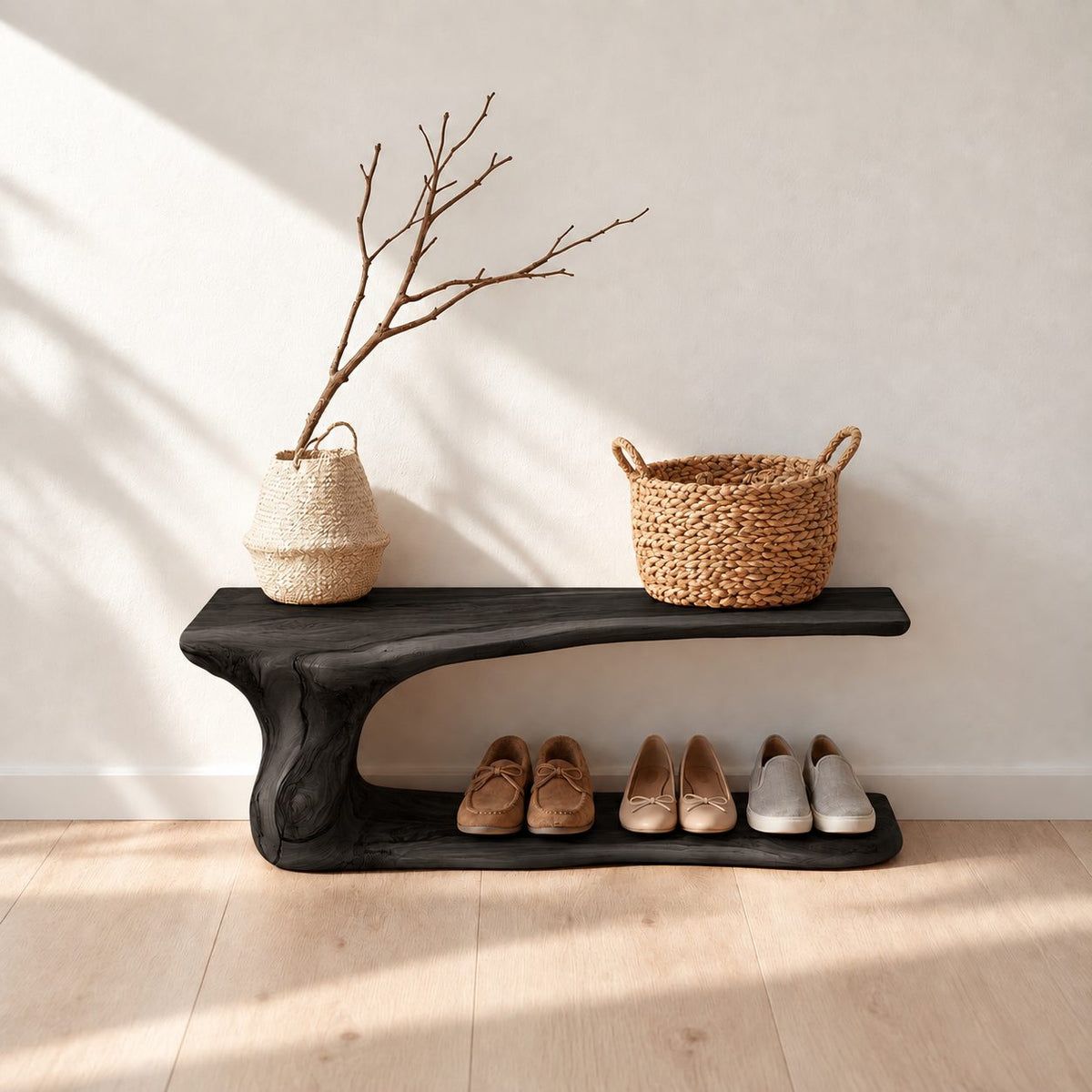 Cantilever Top Shoe Bench with Curving Root Style Leg and Floor Shoe Shelf, Live Edge Entryway Bench
